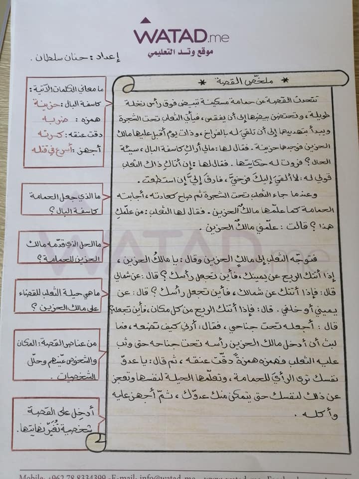MzE2NDAxMQ53532 بالصور شرح درس الحمامة و الثعلب و مالك الحزين مادة اللغة العربية للصف التاسع الفصل الاول الوحدة الثانية قصة و عبرة 2020